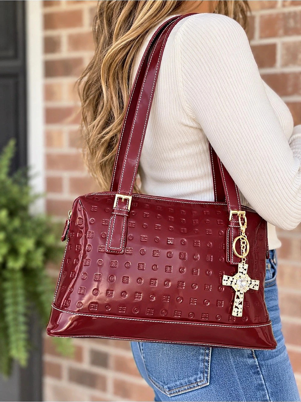 Arcadia Genuine Patent Leather Made in Italy Handbag with Cross Charm